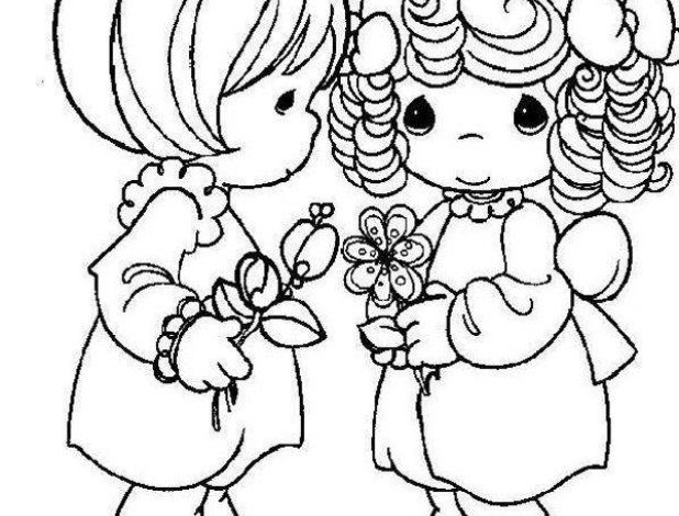 Çiçek Tutan İki Çocuk Boyama Sayfası - Sevimli Kız Çocukları Çizimi