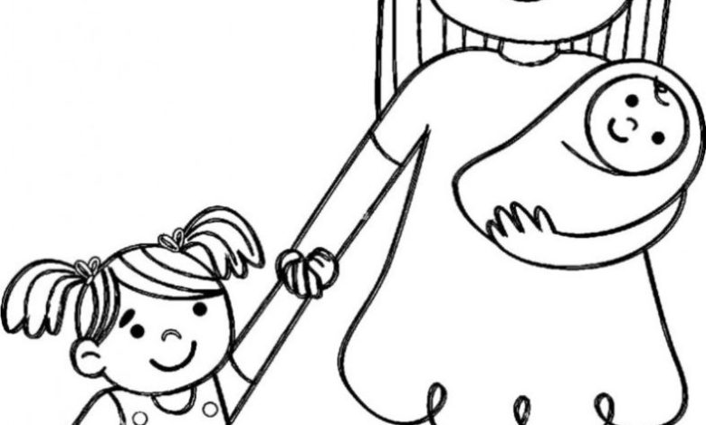 Özellikle Aile Temalı Çizim Anne, Bebek ve Küçük Kız Boyama Sayfası