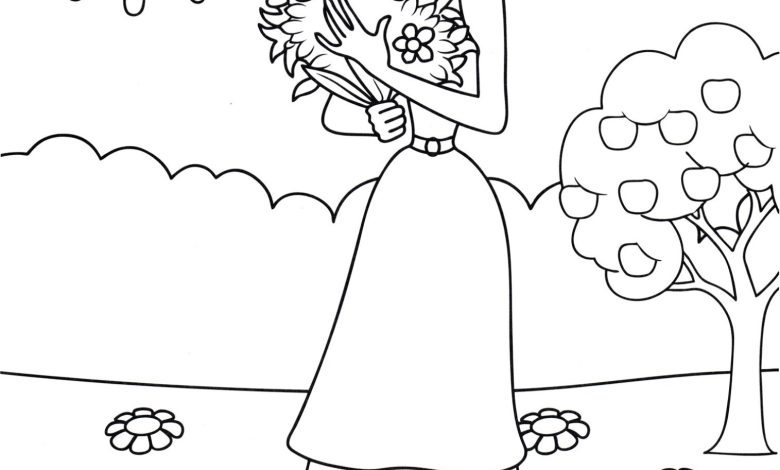 Güneşli Bir Gün Çiziminde Çiçek Tutan Kadın Boyama Sayfası