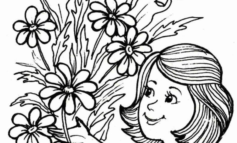 Çiçek Buketi Tutan Kız ve Balonlar Boyama Sayfası