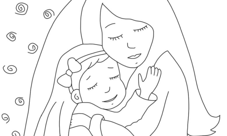 Anne ve Kızın Sarılması Konulu Boyama Sayfası (Özel Olarak Hazırlanmış)