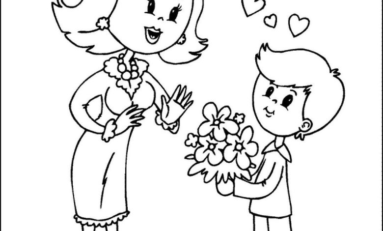 Anneye Çiçek Veren Çocuk Boyama Sayfası