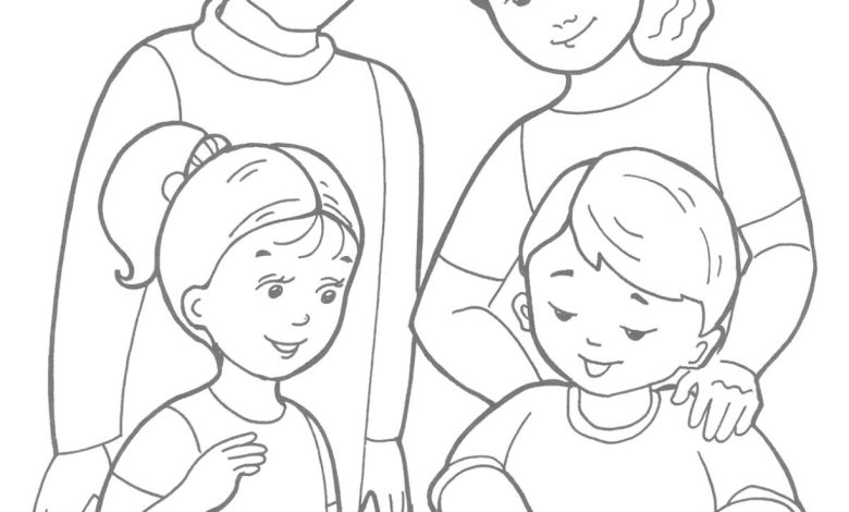 Aile İçinde Kitap Okuyan Çocuklar Boyama Sayfası