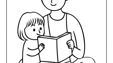 Çocuk ve Yetişkinin Kitap Okuma Boyama Sayfası