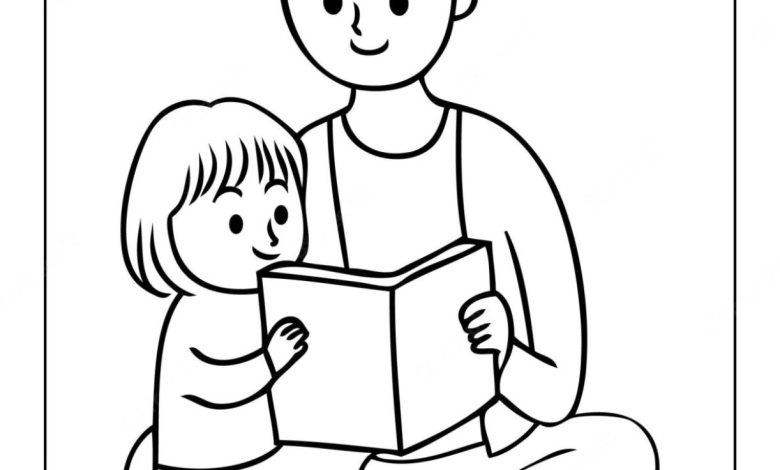 Çocuk ve Yetişkinin Kitap Okuma Boyama Sayfası