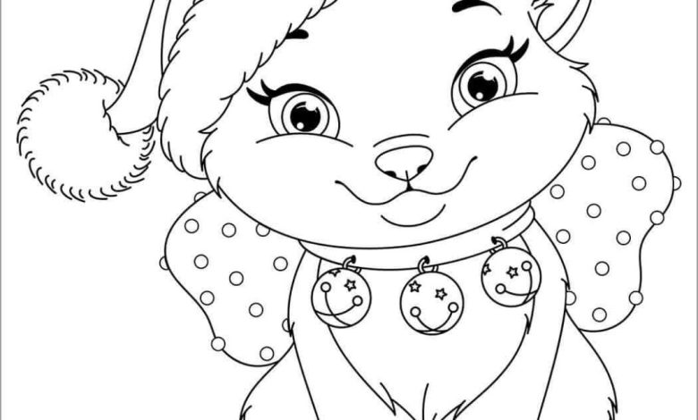 Noel Şapkası Giyen Tatlı Kedi Boyama Sayfası