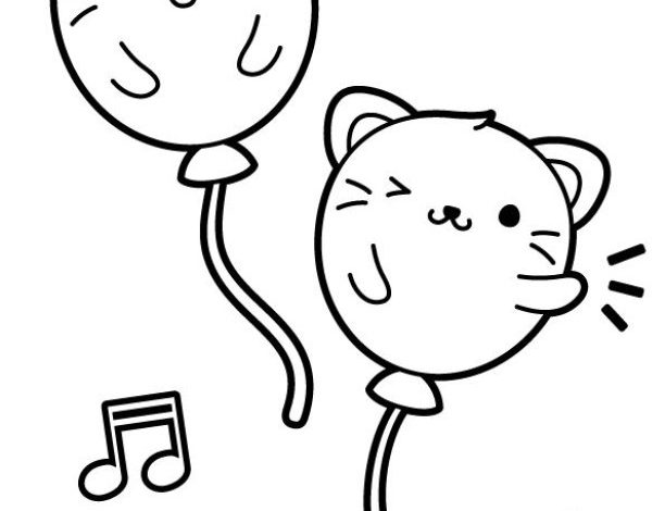 Sevimli Kedi Balonlarıyla Müzik Temalı Boyama Sayfası
