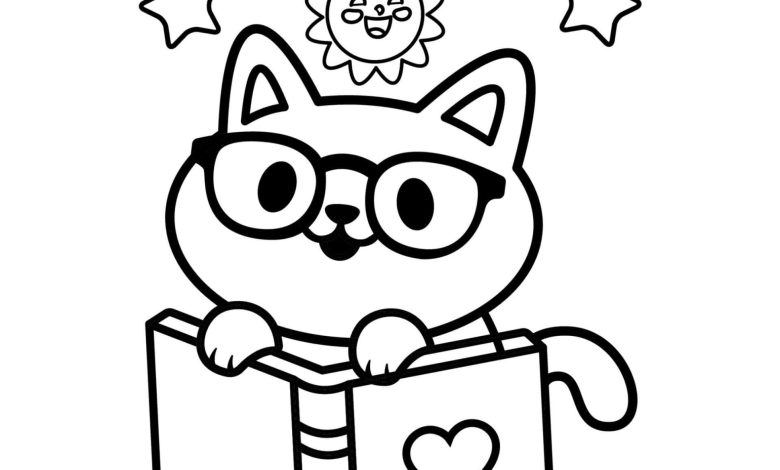 Kedi ve Kitap İle Eğlenceli Boyama Sayfası - Sevimli Gözlüklü Kedi ve Güneş