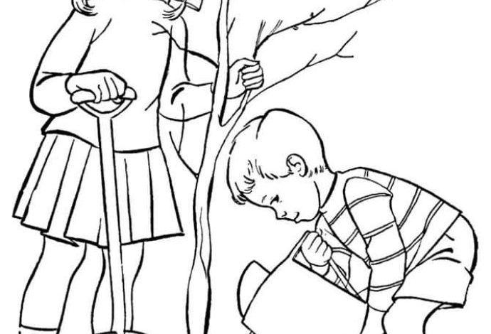 Çocuklar Ağaç Dikerken Boyama Sayfası - Doğa ve Geri Dönüşüm Teması