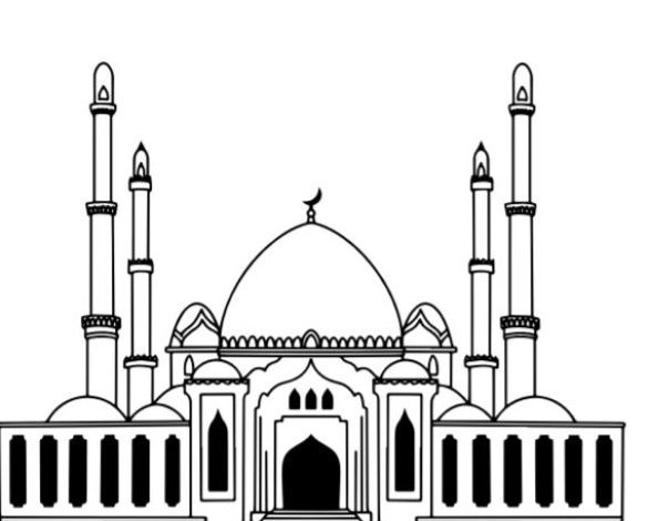 Minareli Camii ve Bulutlar ile Çiçekler Boyama Sayfası