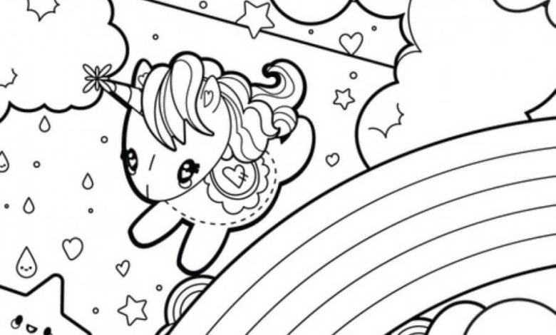 Sevimli Unicorn ve Gökkuşağı Boyama Sayfası