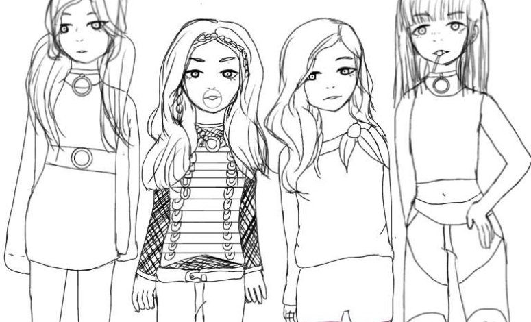 Dört Kadının Boyama Sayfası Çizimi