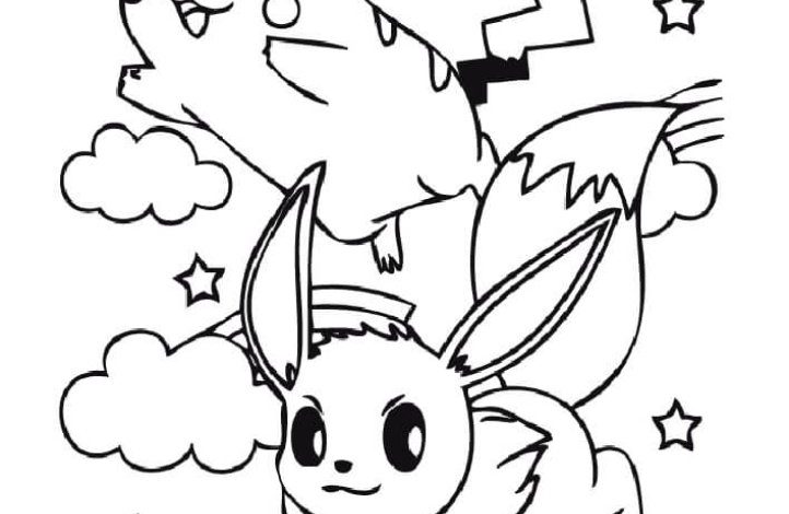 Pikachu ve Eevee ile Yıldızlar ve Bulutlar Renklendirme Sayfası