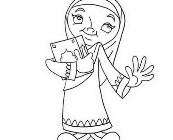 Karakter Kitap Tutarken El Sallayan Başörtülü Kadın Boyama Sayfası
