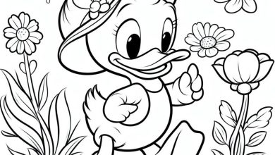 Şapkalı Sevimli Ördek Boyama Sayfası - Çiçek Bahçesi Temalı Çizim