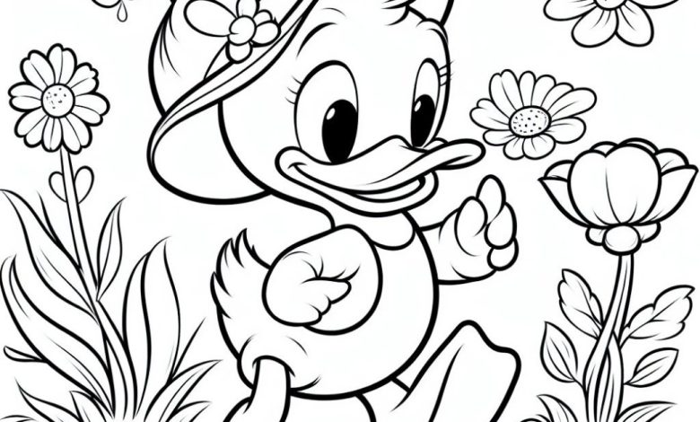 Şapkalı Sevimli Ördek Boyama Sayfası - Çiçek Bahçesi Temalı Çizim