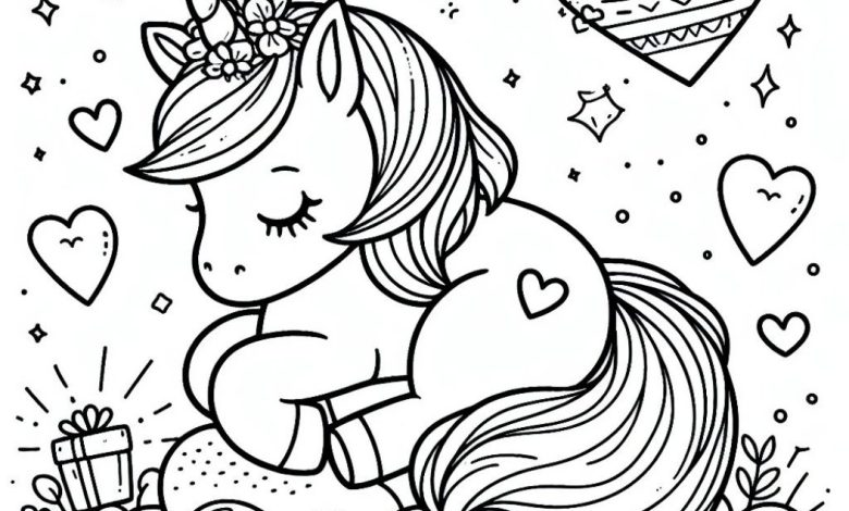 Şirin Uyuyan Unicorn Boyama Sayfası