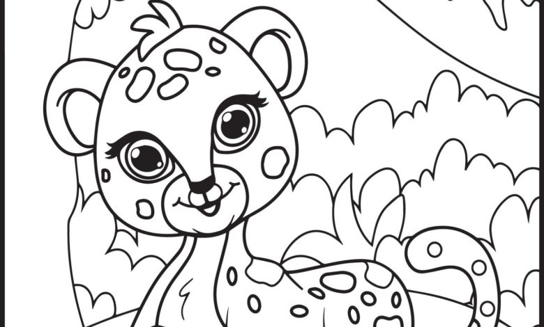 Sevimli Çita Boyama Sayfası - Dağ ve Doğa Manzaralı