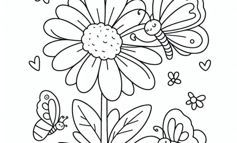 Çiçek ve Kelebekler Boyama Sayfası - Eğlenceli ve Öğretici Boyama Aktivitesi İçin Çiçek ve Kelebekler