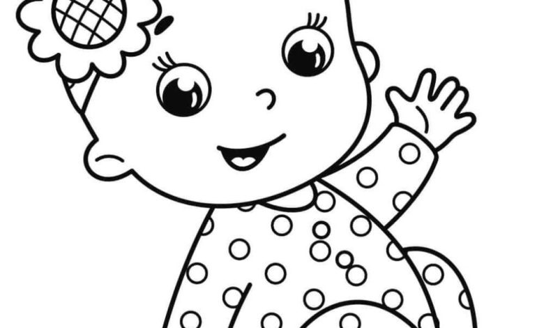 Sevimli Bebek Boyama Sayfası - Çiçek Taçlı ve Puantiyeli Kıyafetli