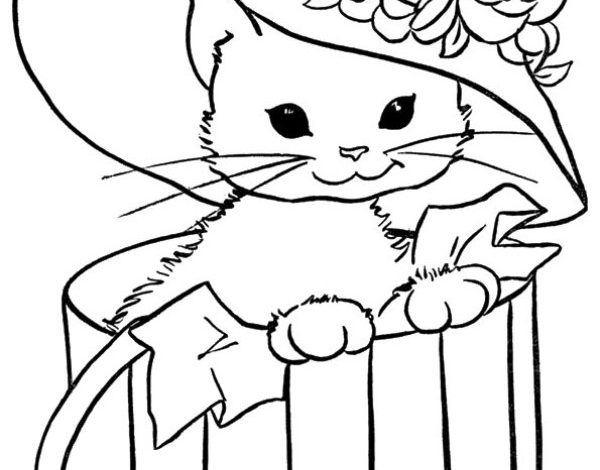 Çiçekli Şapka Takan Kutu İçinde Yavru Kedi Boyama Sayfası