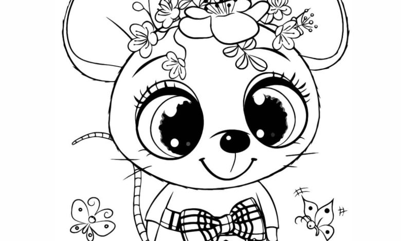 Çiçekli Taç Takan Fare Boyama Sayfası - Sevimli Hayvanlar ve Çiçekler