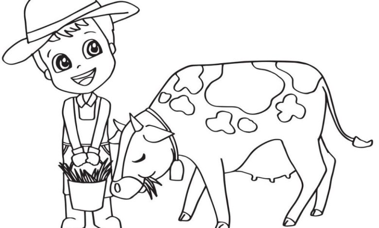 Çiftlikte Çocuk ve İnek Boyama Sayfası