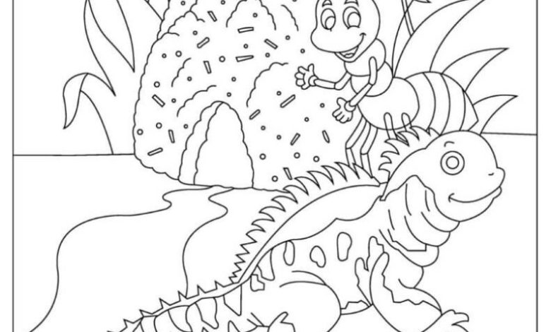 Çocuklar için Eğlenceli Kertenkele ve Karınca Boyama Sayfası