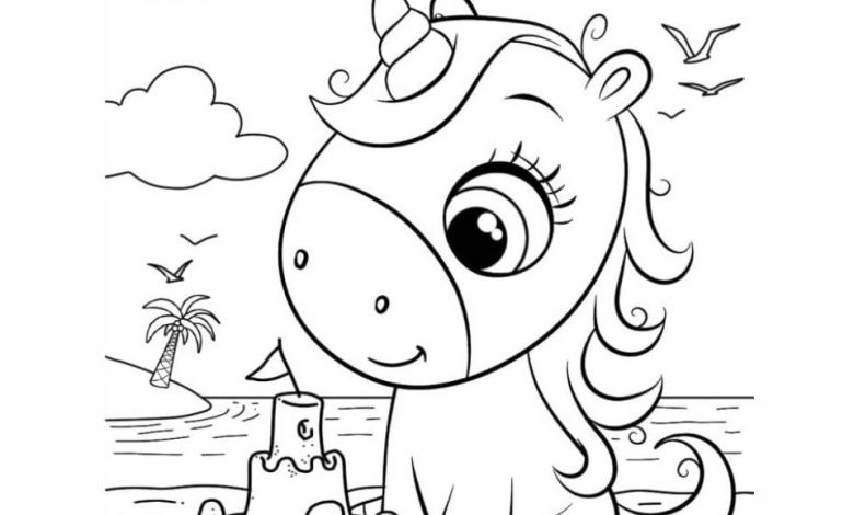 Sevimli Deniz Kenarında Tek Boynuzlu At Boyama Sayfası