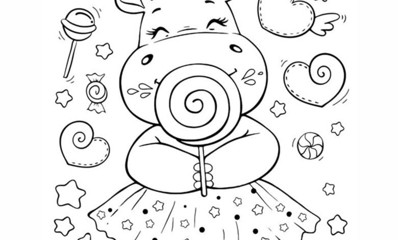 Göz Alıcı Kurdeleli Su Aygırı Boyama Sayfası - Çocuklar İçin Şekerlemeli Hipopotam Boyaması