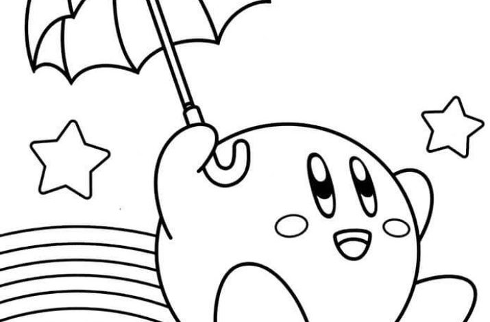 Şemsiye ile Renkli Yıldızların Üzerinde Zıplayan Sevimli Karakter Boyama Sayfası