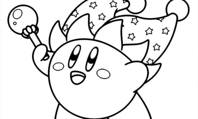 Kirby Yıldız Şapkası ve Değnek ile Boyama Sayfası