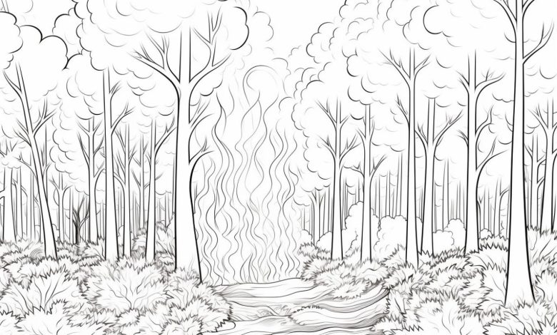 Orman Manzarası Boyama Sayfası Detaylı Ağaçlar ve Bulutlar