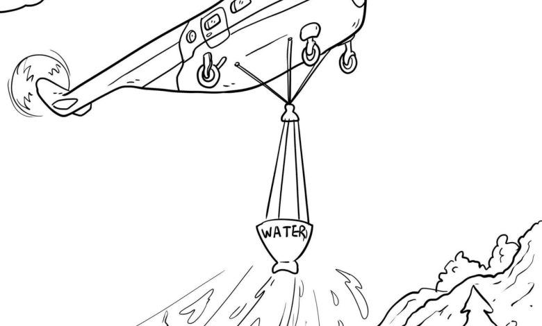 Yangın Söndürme Helikopteri ile Dağ Yangını Boyama Sayfası