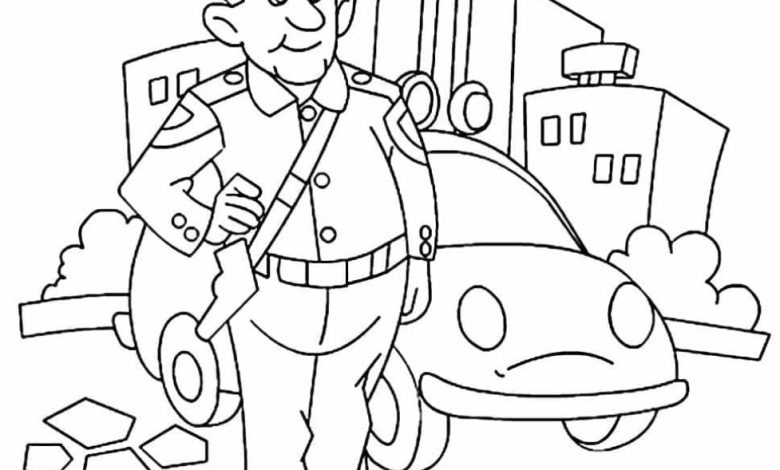 Polis ve Polis Arabası Boyama Sayfası Çocuklar İçin Şehirde Güvenlik Temalı Boyama