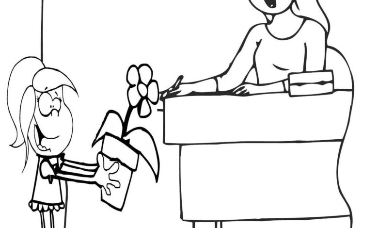 Çiçek Veren Çocuk ve Öğretmen Boyama Sayfası