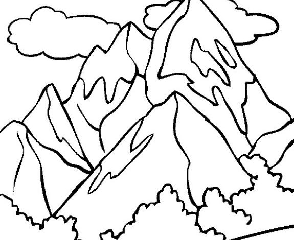 Dağ Manzarası Boyama Sayfası - Dağ, Bulut ve Ağaç Silüetleri
