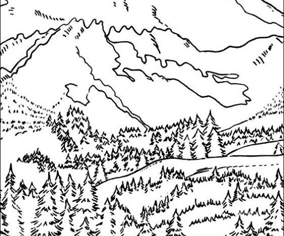 Dağ Manzarası Boyama Sayfası Çam Ağaçları ve Dağlar