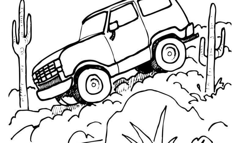 Çöl Manzarasında Tırmanan Arazi Aracı Boyama Sayfası
