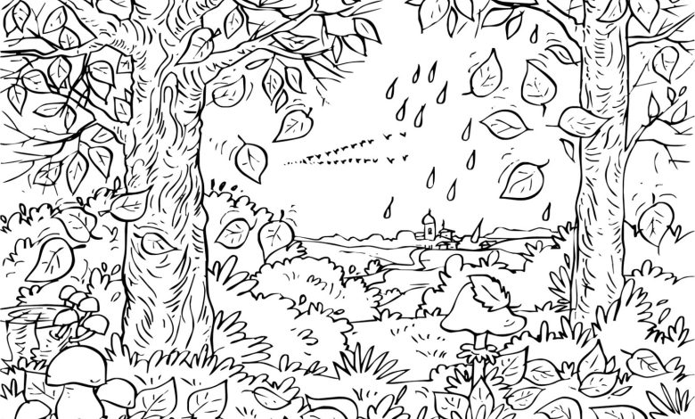 Sonbahar Ormanında Yaprak Dökümü Boyama Sayfası