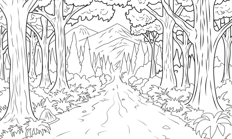 Huzurlu Dağ Yolunda Ağaçlı Manzara Boyama Sayfası