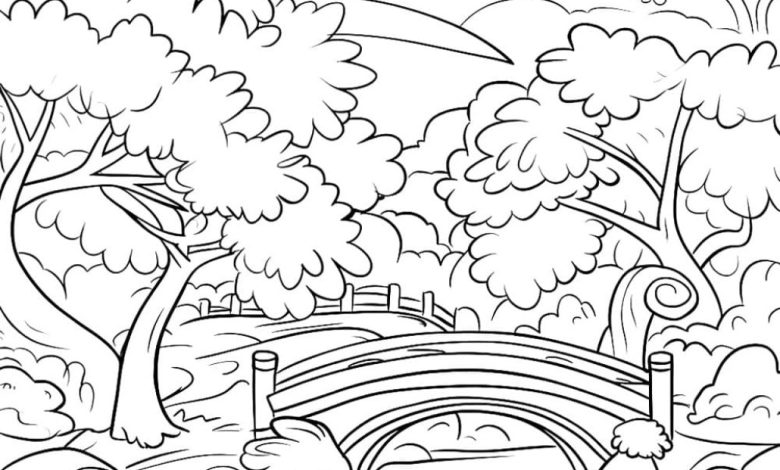 Ağaçlar ve Köprü Temalı Boyama Sayfası Doğal Manzara