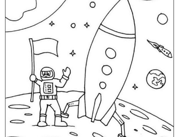 Uzay Temalı Boyama Sayfası Astronot ve Roket