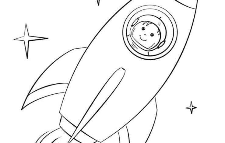 Çocuk Astronot ve Roket Boyama Sayfası Uzayda Macera