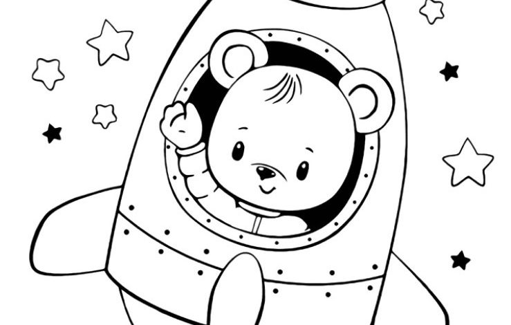 Uzayda Bir Ayı Renkli Roket Boyama Sayfası