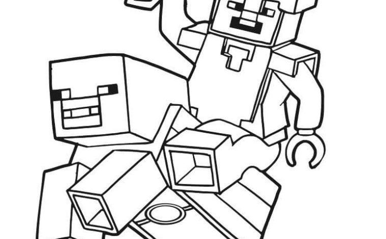 Minecraft Temalı Boyama Sayfası Savaşçı ve Domuz